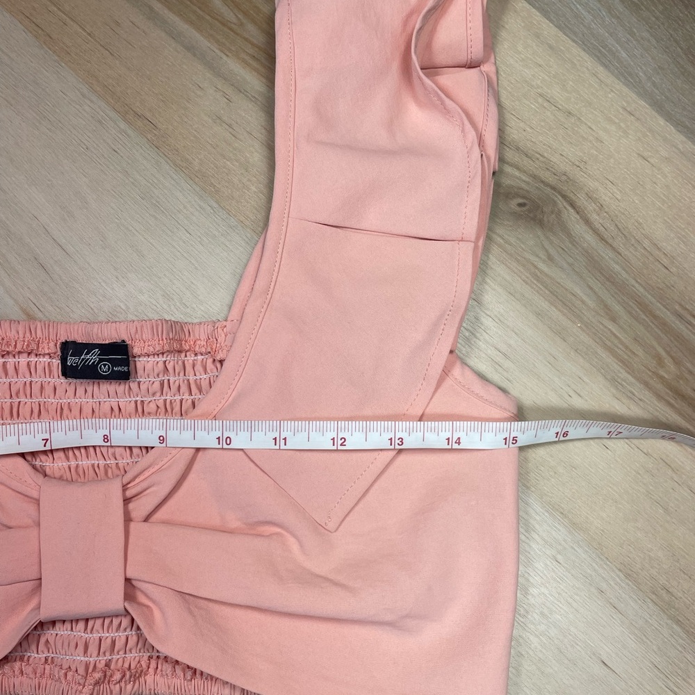Peach Boho Crop Top Bow Front Ruffle Sleeve Smocked Back Festival M - Picture 6 of 8